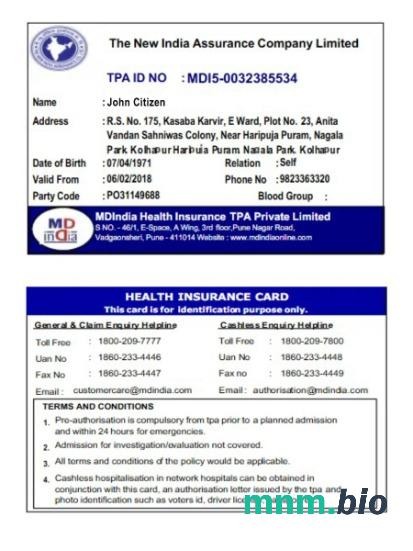 Indie The New India Assurance Company Limited karta ubezpieczenia zdrowotnego edytowalny szablon